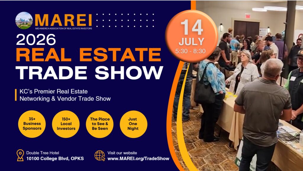 MAREI 2026 Real Estate Trade Show graphic featuring Kansas City real estate investor networking event with vendors, investors, and event details.