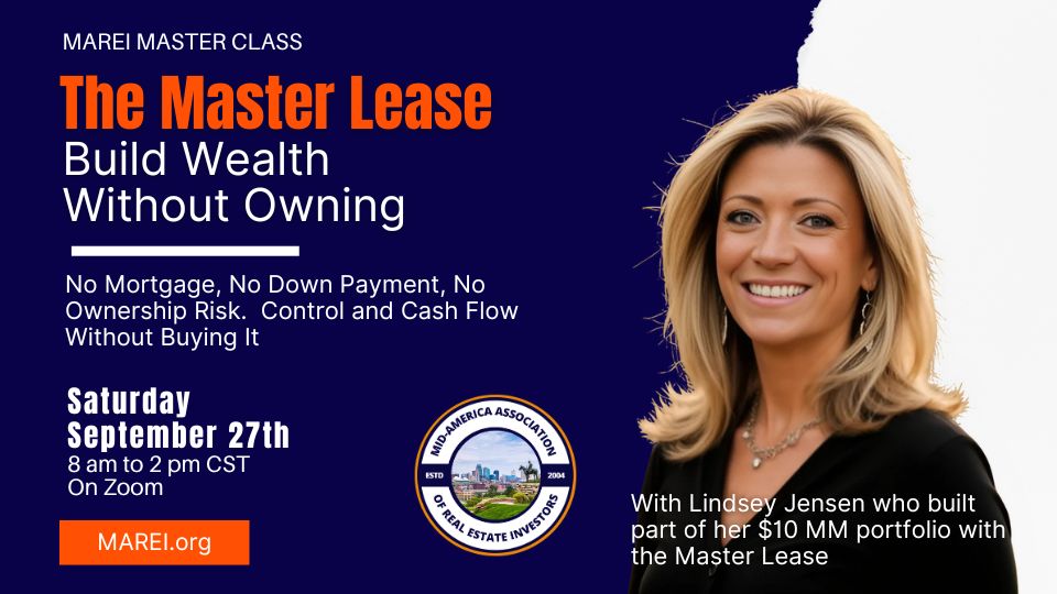 Master Lease Workshop with real estate investor Lindsey Jensen – September 27, 2025, live Zoom training on generating cash flow without owning property.