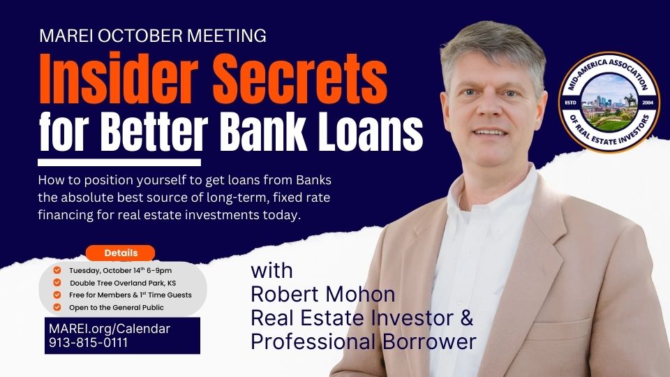 Event graphic for MAREI’s October 14th meeting featuring Robert Mohon, Investor & Professional Borrower, teaching real estate investors how to borrow from banks and secure better financing.