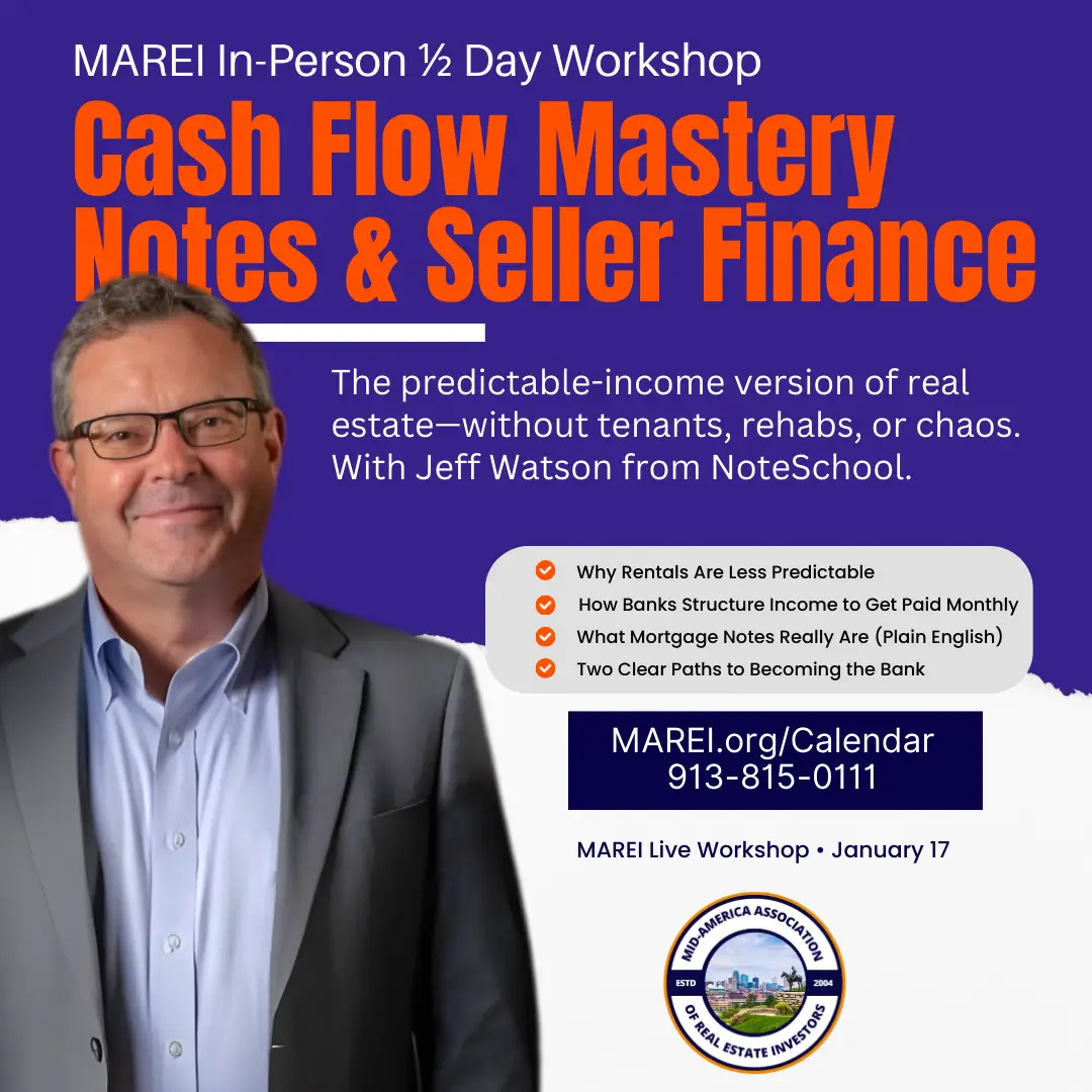 Promotional Graphic for MAREI's Cash Flow Mastery Class on Notes & Seller Financing with Jeff Watson