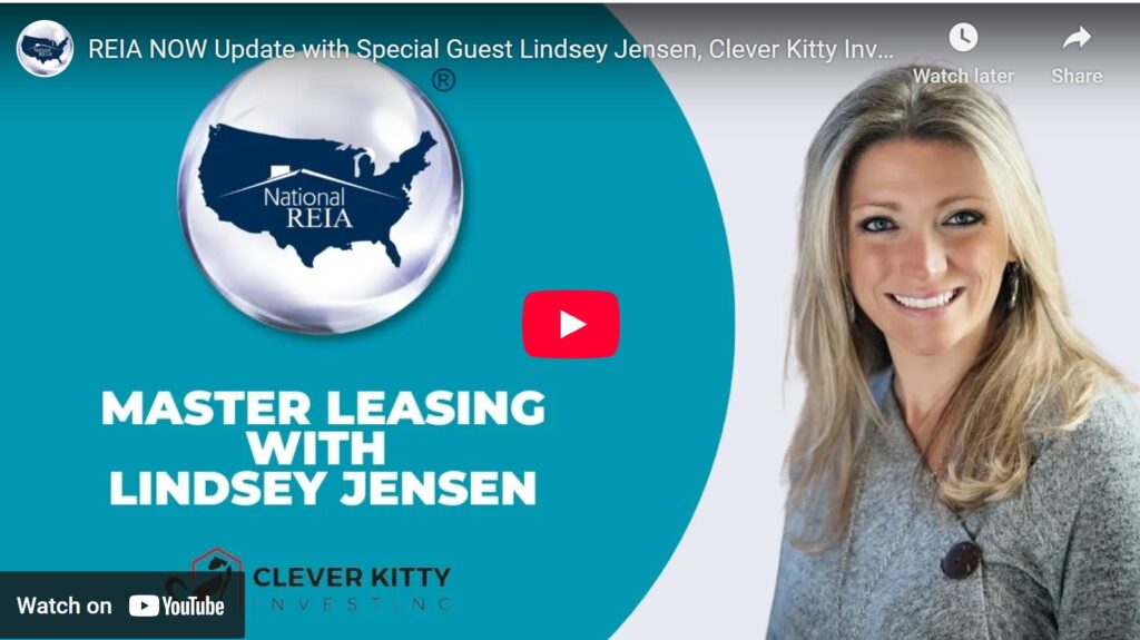 Lindsey Jensen speaking on Master Leasing at National REIA Now – Learn creative real estate strategies and systems for passive income.