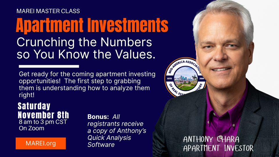 Anthony Chara teaching apartment investing strategies, speaker for the MAREI online workshop on evaluating multifamily deals.