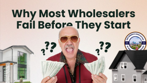 Graphic showing a real estate hustler holding cash with two houses in the background, representing the challenges of wholesaling real estate deals.