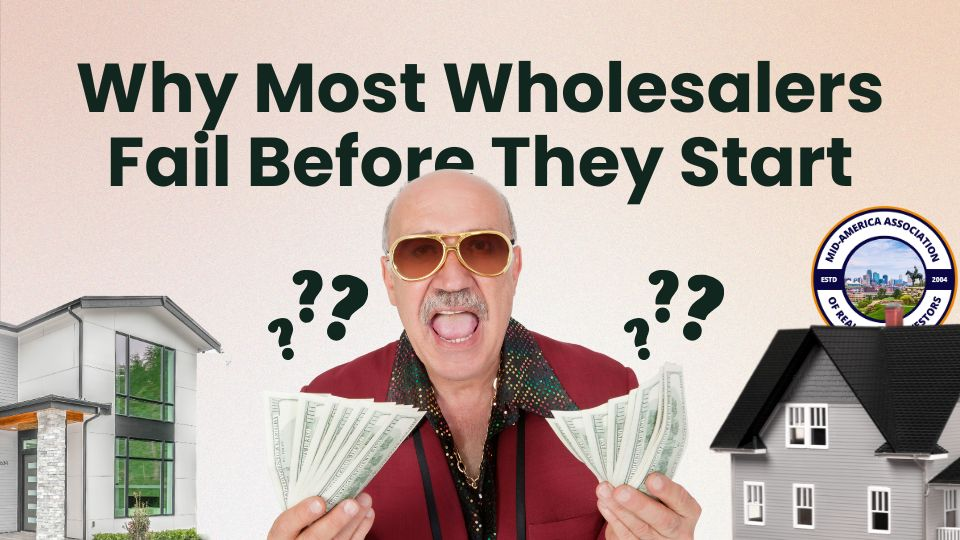 Graphic showing a real estate hustler holding cash with two houses in the background, representing the challenges of wholesaling real estate deals.