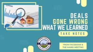 MAREI November Meeting panel discussion graphic titled “Lessons Learned When Deals Go Bad” showing real estate investing challenges.