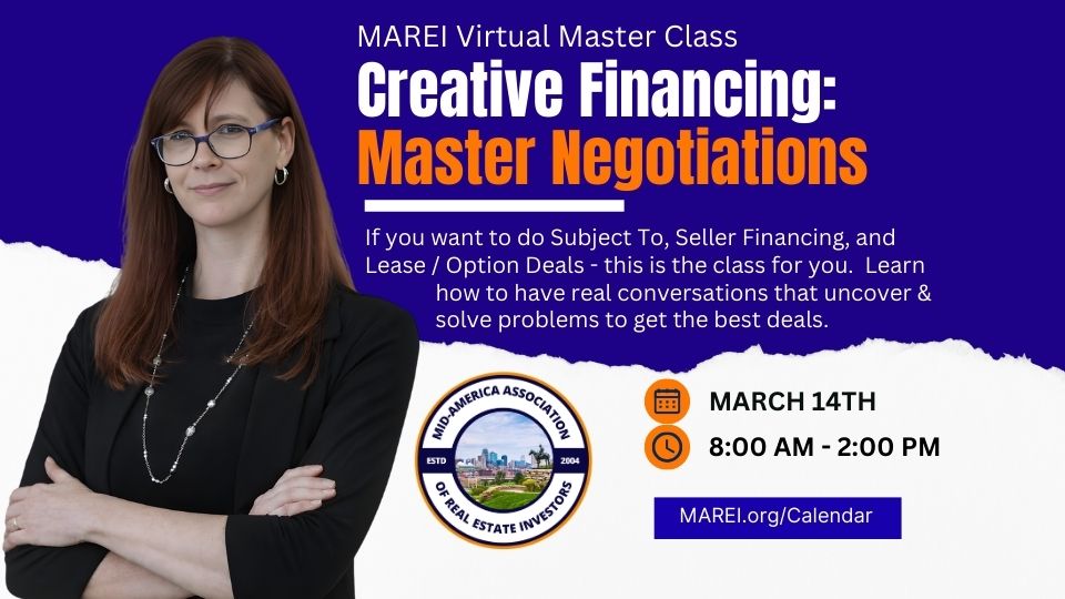 MAREI Master Class Mastering Creative Finance Negotiation with Vena Jones-Cox on March 14 via Zoom.
