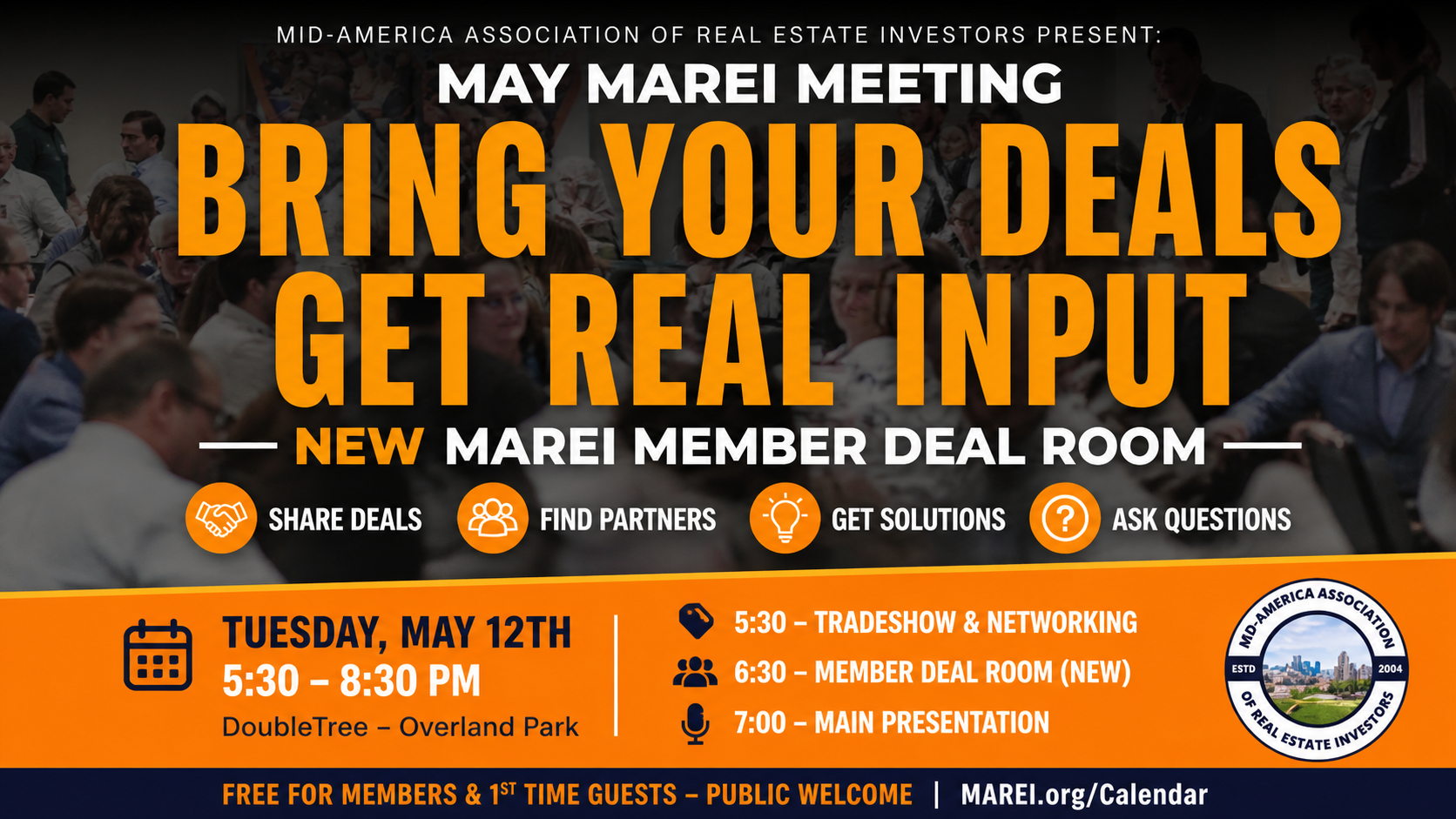 MAREI Member Deal Room Kansas City real estate investor meeting bring your deals get real input May 12 Overland Park