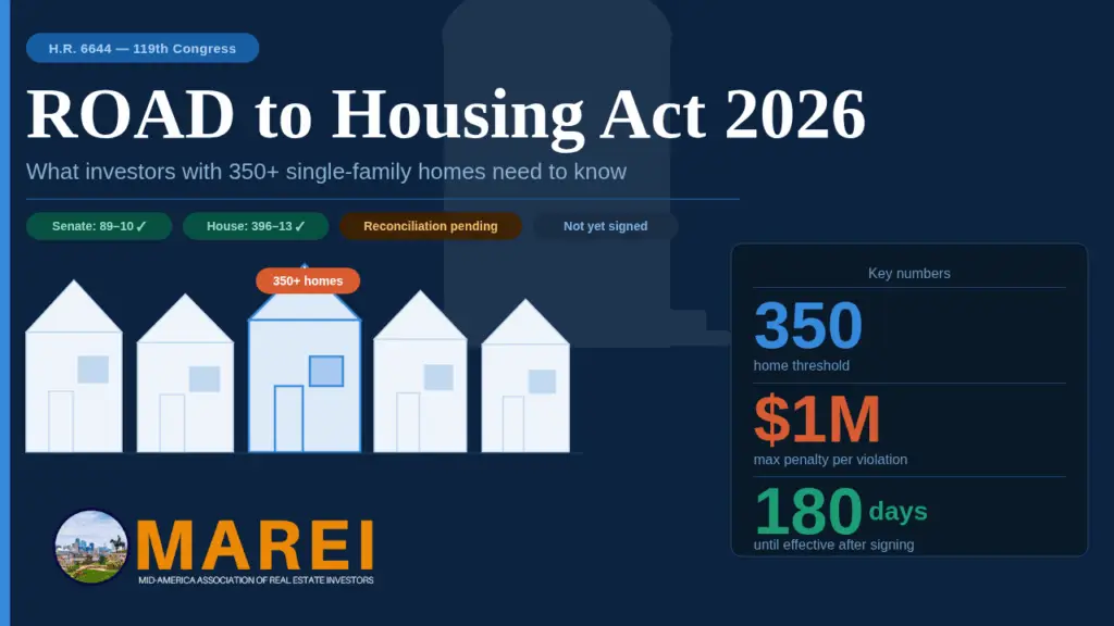 ROAD to Housing Act 2026 infographic showing 350-home threshold, $1M penalty, and 180-day effective date for real estate investors