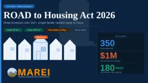 ROAD to Housing Act 2026 infographic showing 350-home threshold, $1M penalty, and 180-day effective date for real estate investors