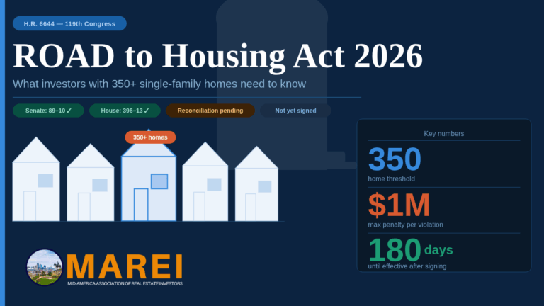 ROAD to Housing Act 2026 infographic showing 350-home threshold, $1M penalty, and 180-day effective date for real estate investors