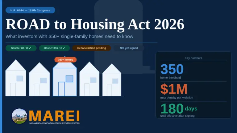 ROAD to Housing Act 2026 infographic showing 350-home threshold, $1M penalty, and 180-day effective date for real estate investors