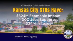 Kansas City skyline graphic showing STRs support 4,000 jobs and $624M in economic output per 2026 KCRAR study