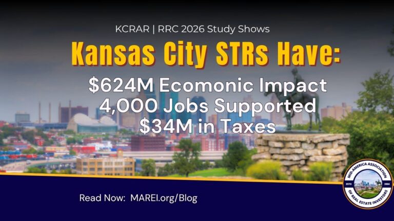 Kansas City skyline graphic showing STRs support 4,000 jobs and $624M in economic output per 2026 KCRAR study