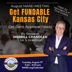 Graphic about the August MAREI meeting Get Fundable Kansas City with Merrill Chandloer