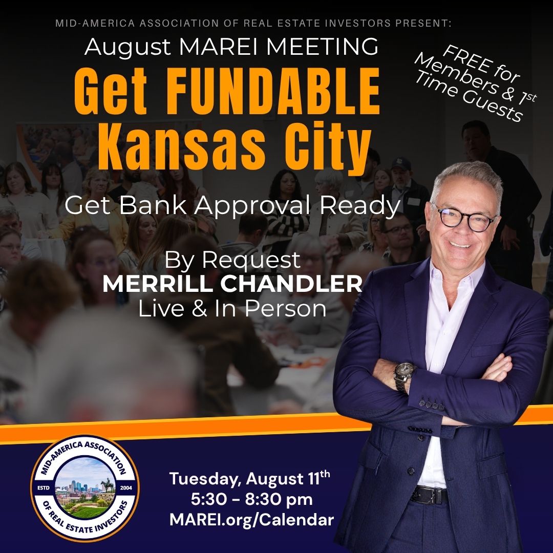 Graphic about the August MAREI meeting Get Fundable Kansas City with Merrill Chandloer