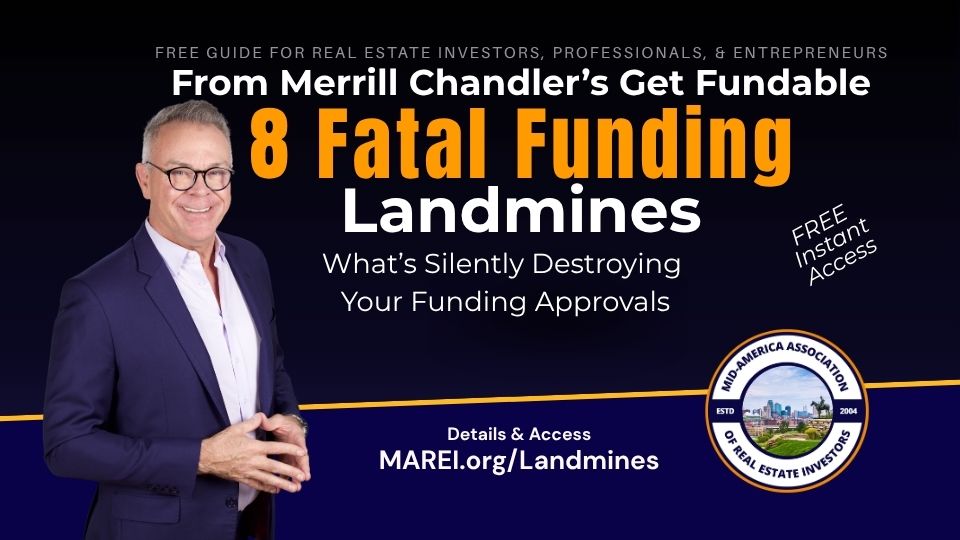 The 8 Fatal Funding Landmines free guide cover by funding expert Merrill Chandler