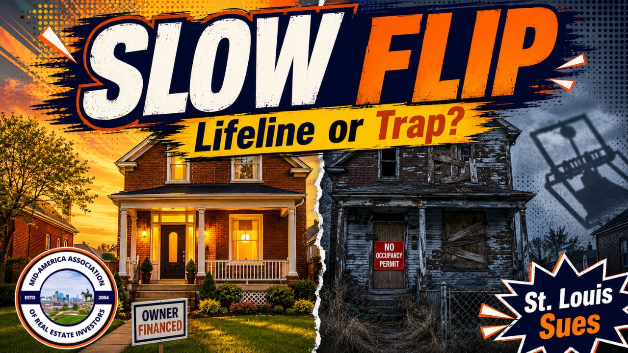 A St. Louis red-brick house split down the middle — one half a restored, owner-financed home in warm light, the other half boarded up and condemned — illustrating the slow flip lawsuit.