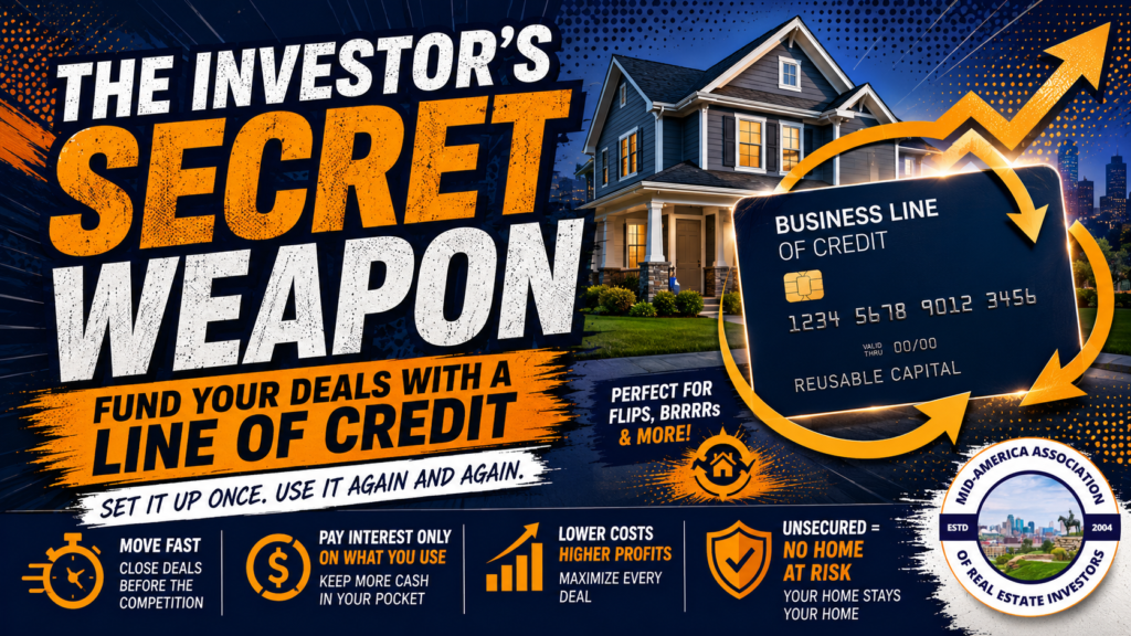 Business line of credit for real estate investors banner — set it up once, use it again; move fast, pay interest only on what you use, no home at risk.