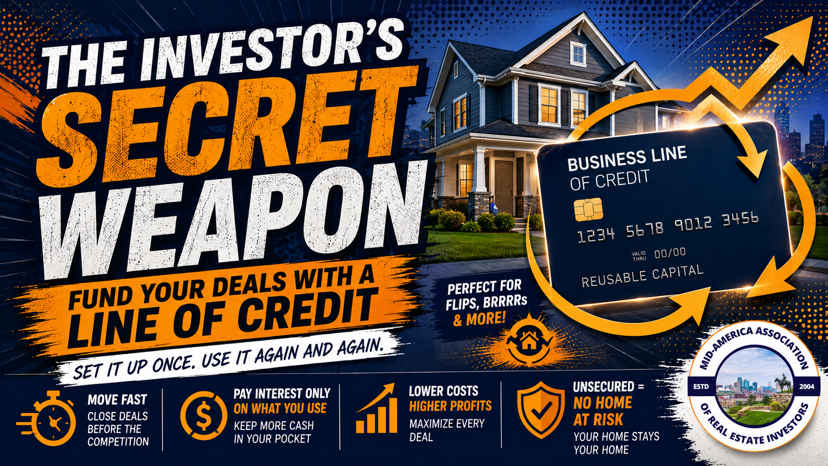 Business line of credit for real estate investors banner — set it up once, use it again; move fast, pay interest only on what you use, no home at risk.